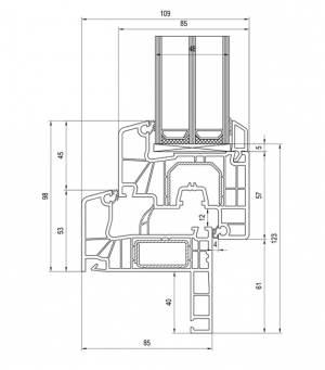 Querschnitt von Aluplast Intertec 85 MD Renovierungsprofil 40 mm